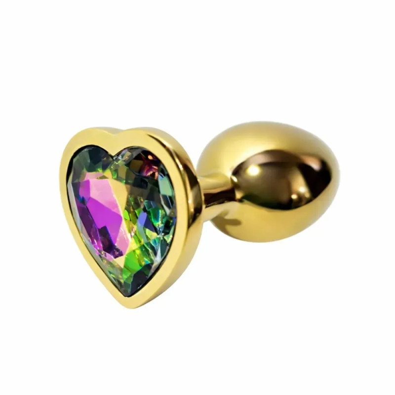 Анальная пробка ALUME, M, металлическая золотистая с разноцветным камнем в форме сердца