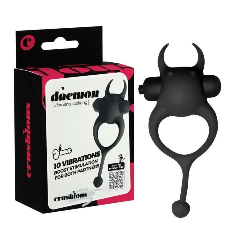 Виброкольцо CRUSHIOUS Daemon с рожками и хвостиком, 10 режимов, черное